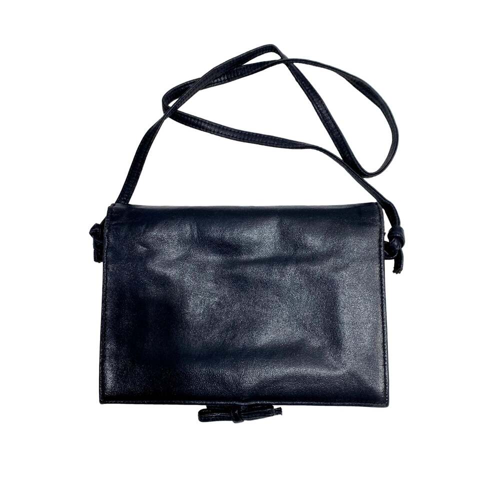 70s Mod Markay Dark Blue Leather Shoulder Bag w Flap and Bow | 8.25" x 6" x 3"
